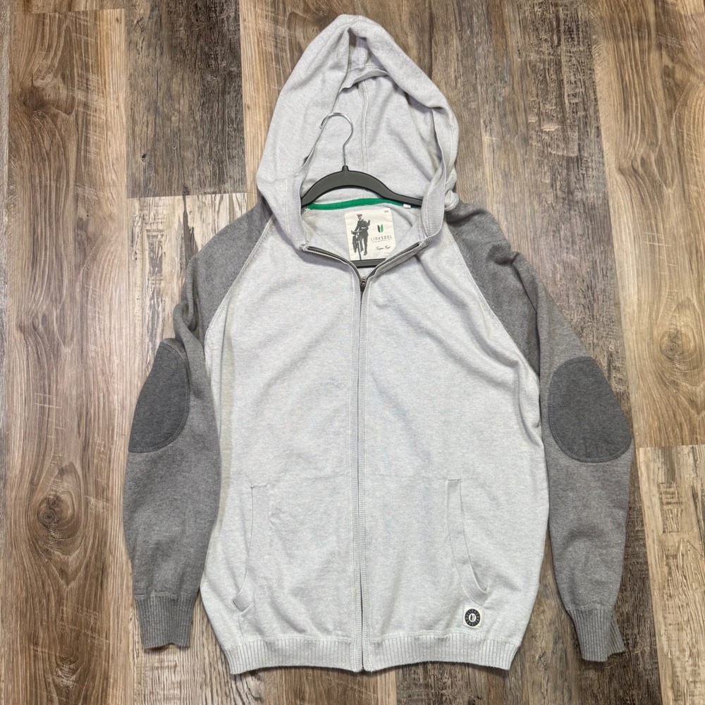 Linksoul Mens Large Gray Golf Hoodie Elbow Patches Cotton & Cashmere Pickleball